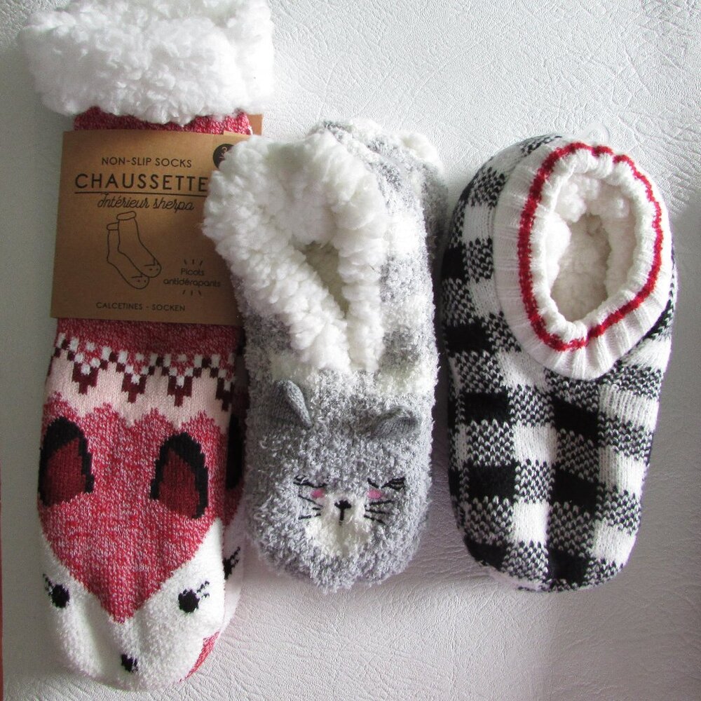 Fun and Cozy Slipper Socks - 3 Pairs - NEW